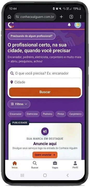 Tela inicial do Conhece Alguém no celular, com o campo de busca